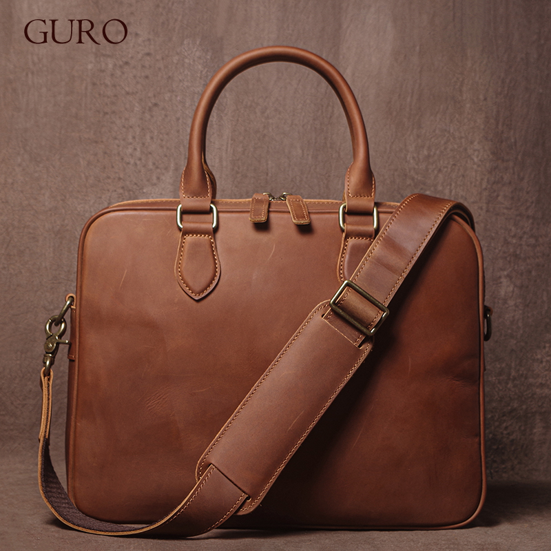 Luxury Bags Tote - GURO Men Crazy Horse Cowhide Briefcase